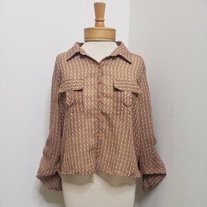 Passport 100% polyester long sleeve brown size medium print shirt